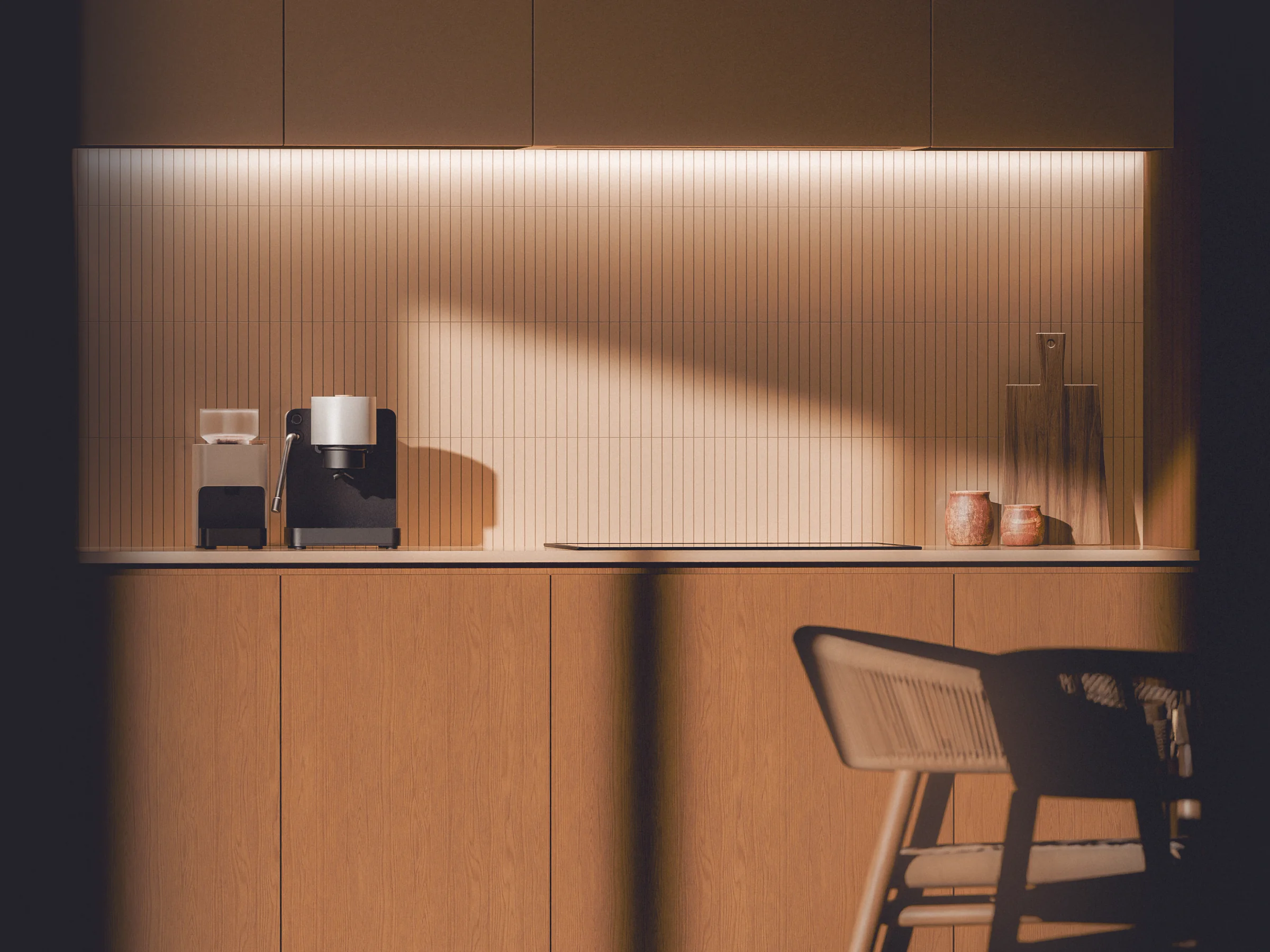 A Datum espresso machine and grinder in a warm kitchen